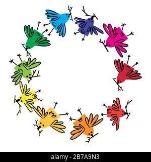 Colorful round frame of spring birds of all colors of the rainbow birds build nests. Spring mood. Doodle style. Vector illustration Stock Vector