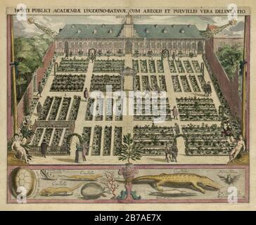 Gezicht op de Hortus Botanicus van de Universiteit van Leiden, met in de tuin verschillende wandelende figuren, 1610. Onder de voorstelling een krokodil, schildpad, egel, vleermuis en andere, Stock Photo