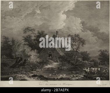 Gezicht op een boerderij aan een vijver bij een brug in de omgeving van Mortagne. In de deuropening van de boerderij een boerin die twee vissers voor de boerderij naar de brug wijst. Op de b, Stock Photo