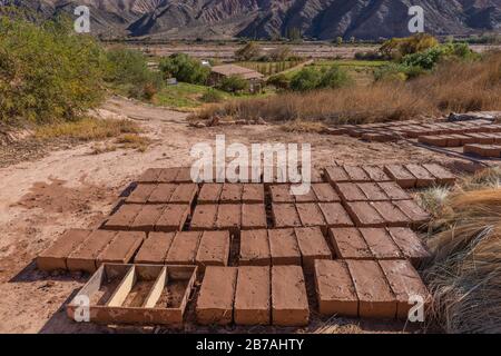 Adobe bricks ready for drying, Otro Mundo, Quebrada de Humahuaca, Quebrada de la Conchas, Chonchas Valley, Argentina, Latin America Stock Photo