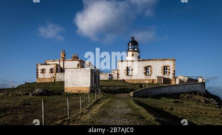 Neist Point is one of the most famous lighthouses in Scotland, and can be found on the most westerly tip of Skye near the township of Glendale. Stock Photo