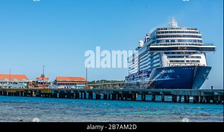 TUI Mein Schiff 1 at Roatan, Honduras March 14, 2020 is one of the last ships to dock at the port for the next 30-60 days.due to Coronavirus Stock Photo