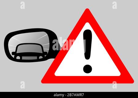 Red triangle with exclamation sign and rearview mirrors with car reflection on it Stock Vector