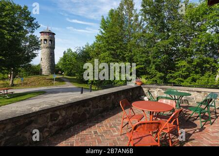 Weeks State Park - John Wingate Weeks Estate on the summit of Mt. Prospect in Lancaster, New Hampshire USA. The Mount Prospect Tower was built by John Stock Photo