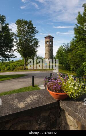 Weeks State Park - John Wingate Weeks Estate on the summit of Mt. Prospect in Lancaster, New Hampshire USA. The Mount Prospect Tower was built by John Stock Photo