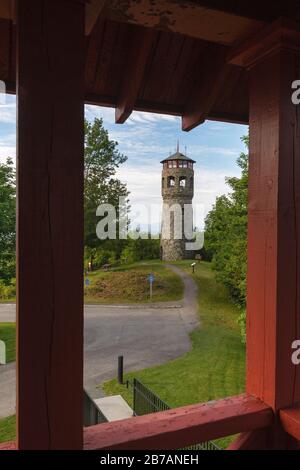 Weeks State Park - John Wingate Weeks Estate on the summit of Mt. Prospect in Lancaster, New Hampshire USA. The Mount Prospect Tower was built by John Stock Photo