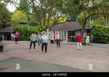 Group of senior citizens seen in a dance exercise class in Singapore Botanic Gardens. Stock Photo