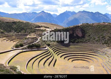 View of archaeological site of  Moray in the Cusco region, Peru Stock Photo