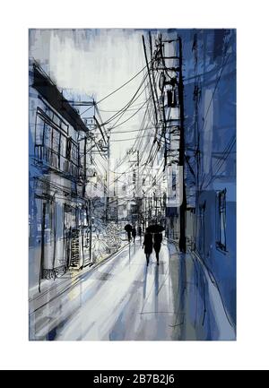 Pedestrians stroll down in a street under rain in Tokyo - vector illustration  (Ideal for printing on fabric or paper, poster or wallpaper, house deco Stock Vector