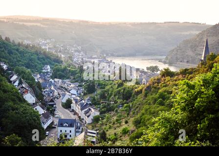 View from Burghotel Castle Hotel Auf Schönburg (Auf Schoenburg) towards Oberwesel, Germany and the Rhine (Rhein) River Valley. Stock Photo