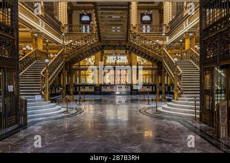 Mexico City main post office was built in 1907 and is comprised of many architectural styles including extensive use of ornate polished brass. Stock Photo