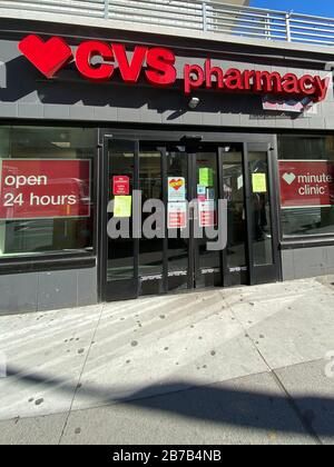 New York, NY, USA. 14th Mar, 2020. View of CVS Pharmacy on Upper East Side stating location does not offer Coronavirus testing on March 14, 2020. New York City. Credit: Rainmaker Photos/Media Punch/Alamy Live News Stock Photo