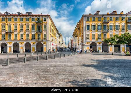 NICE, FRANCE - AUGUST 11: View of Place Garibaldi, Nice, Cote d'Azur, France, on August 11, 2019. It is named after Giuseppe Garibaldi, hero of the It Stock Photo
