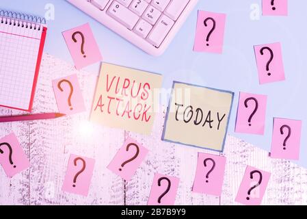 Handwriting text writing Virus Attack. Conceptual photo malicious program that perform actions unauthorized by the user Writing tools, computer stuff Stock Photo