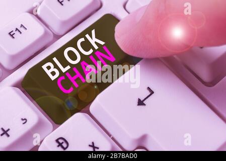 Word writing text Block Chain. Business photo showcasing system in which a record of transactions made in bitcoin Stock Photo