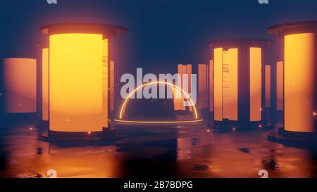 futuristic sci fi pillars with glass dome in the centre 3d rendering illustration Stock Photo