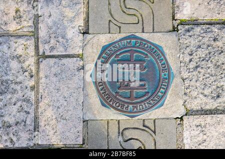 Millennium Promenade plaque embedded in the pavement, Old Portsmouth, Hampshire, south coast England Stock Photo