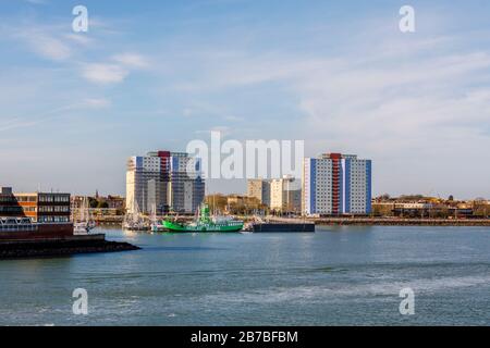 Green lightship Mary Mouse 2 moored at the entrance to Haslar Marina in Portsmouth Harbour viewed from Old Portsmouth, Hampshire, south coast England Stock Photo