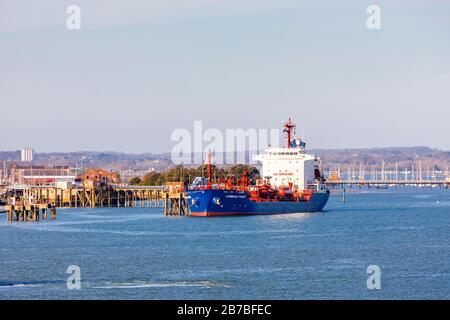 Panorama with oil tanker Cumbrian Fisher moored at Gosport Oil Fuel Jetty, Portsmouth Harbour, Hampshire, south coast England Stock Photo