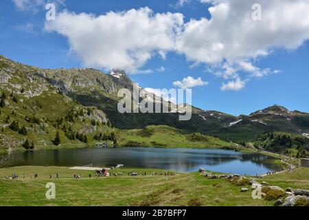 Half marathon near Aletsch glacier and Bettmeralp on a sunny day with clouds Stock Photo