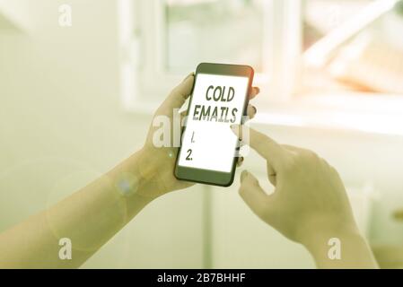 Text sign showing Cold Emails. Business photo showcasing unsolicited email sent to a receiver without prior contact Stock Photo