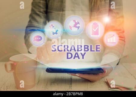 Conceptual hand writing showing Scrabble Day. Concept meaning a day to celebrate the popular board game created in 1938 Stock Photo