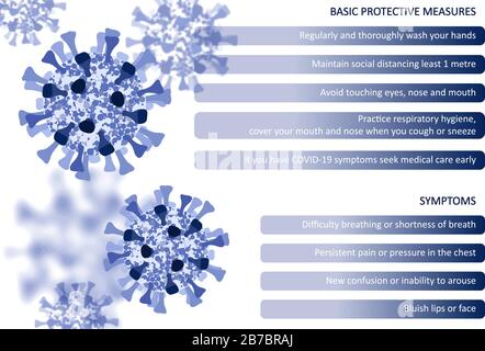 Coronavirus disease outbreak infographic. Protective measures and symptoms Stock Vector