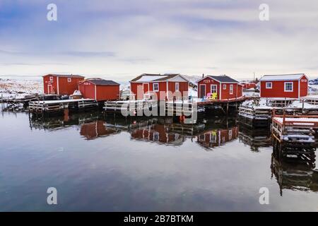 Fishing stages at Champney's West, now part of the town of Trinity Bight, in Newfoundland, Canada[No property releases; available for editorial licens Stock Photo