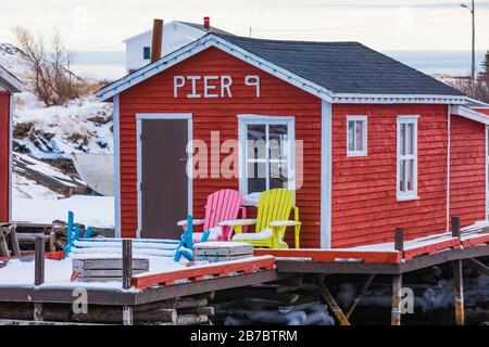 Fishing stages at Champney's West, now part of the town of Trinity Bight, in Newfoundland, Canada[No property releases; available for editorial licens Stock Photo