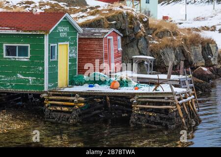 Fishing stages at Champney's West, now part of the town of Trinity Bight, in Newfoundland, Canada[No property releases; available for editorial licens Stock Photo