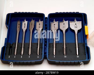 A tool pack of spade drill bits for wood drilling. This pack is one bit short in its collection. Stock Photo