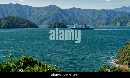 Karaka Point, Marlborough Sounds/New Zealand - January 31, 2020: Inter island ferry Bluebridge in Queen Charlotte Sound heading to Picton. Stock Photo