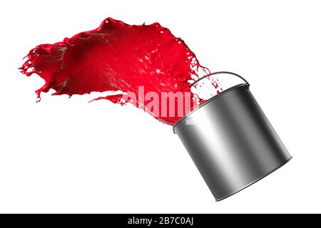 Red paint splashing from falling silver shiny paint bucket on white background - 3D illustration Stock Photo