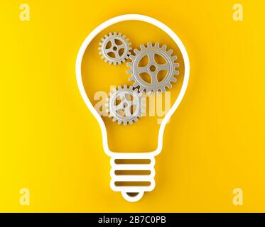 Gears cogwheels in lightbulb shape over yellow background - strategy, creative or business innovation modern minimal concept, 3D illustration Stock Photo