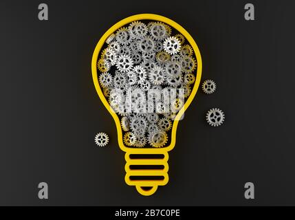 Gears cogwheels in yellow lightbulb shape over dark background - strategy, creative or business innovation modern minimal concept, 3D illustration Stock Photo