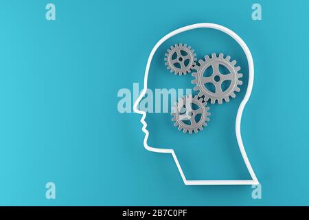 Gears cogwheels in human head shape over blue background - strategy, creative or business innovation modern minimal concept, 3D illustration Stock Photo