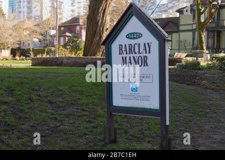 Vancouver, Canada - February 20,2020: View of sign 'Barclay Manor: Home of West End Seniors Network' on 1447 Barclay Street in Vancouver Stock Photo