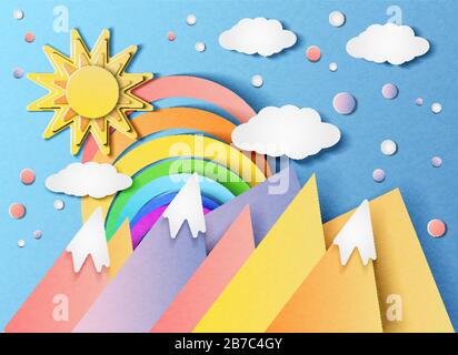 Landscape with the sun, rainbow and mountains Stock Vector