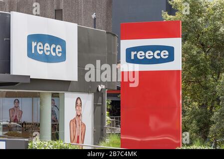 Signage and the logo outside a store for Reece Plumbing (Reece Limited), Australia's leading supplier of plumbing and bathroom products Stock Photo