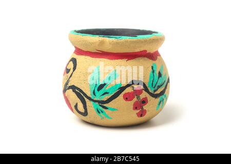 Children's craft - clay pot painted in watercolor isolated on white Stock Photo