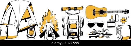 Modern horizontal seamless border in black, white and yellow colors. Endless pattern of vector elements. Camping equipment. Tent, campfire, backpack Stock Vector