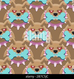Seamless pattern of an angry dog holding a bone in its teeth on a brown background. Vector image Stock Vector