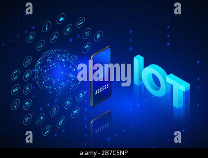 Internet of things concept. IOT isometric banner. Digital global ecosystem. Monitoring and control by phone. Blue technology background. Vector illust Stock Vector