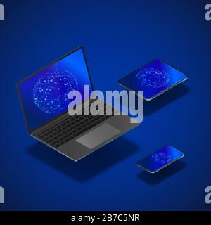 Isometric gadgets mock up set. Realistic laptop mobile and tablet with global networking on screen. Modern gadgets template. vector Stock Vector