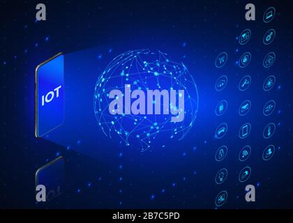 IOT. Internet of Things isometric icons set. Monitoring and control all digital systems using mobile phone. Technology background in blue colors. Vect Stock Vector