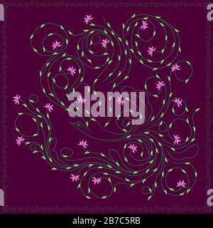 Beautiful floral bird whose wings and tail as plants in green color with pink flowers on the magenta background, framed by a frame Stock Vector