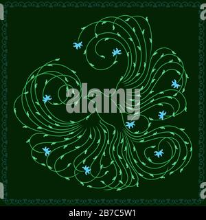 Illustration of floral beautiful bird whose wings and tail are made as long wavy lines in pale color with blue flowers on the dark green background, f Stock Vector