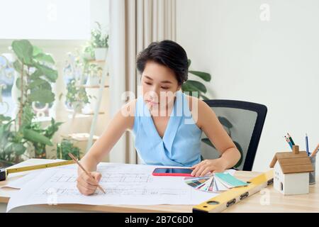 Asian female architect studying plans in office Stock Photo