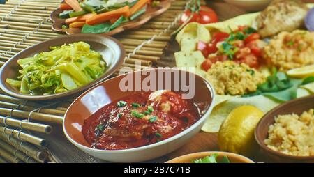 Ethiopian cuisine, Traditional assorted African dishes, Top view. Stock Photo