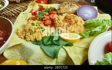 Beyainatu, most popular vegetarian dish , Ethiopian cuisine, Traditional assorted African dishes, Top view. Stock Photo